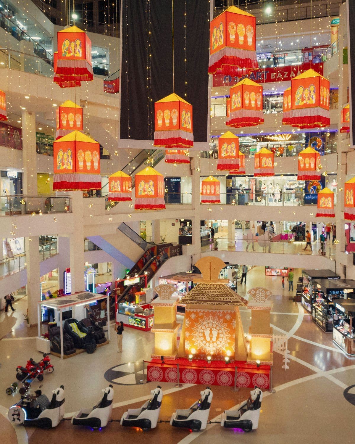 Mall concourse dressed with hanging festive lanterns