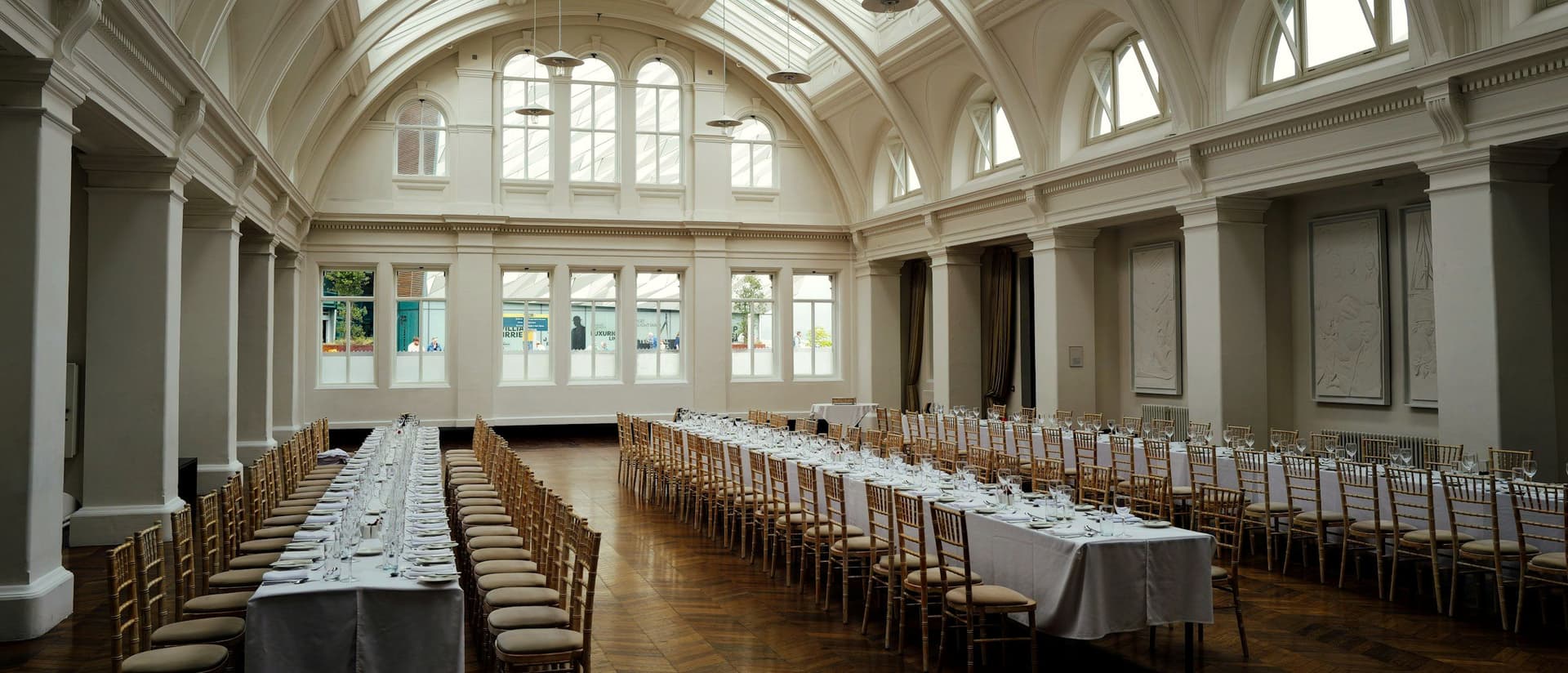 Banquet hall lit and set for an evening event